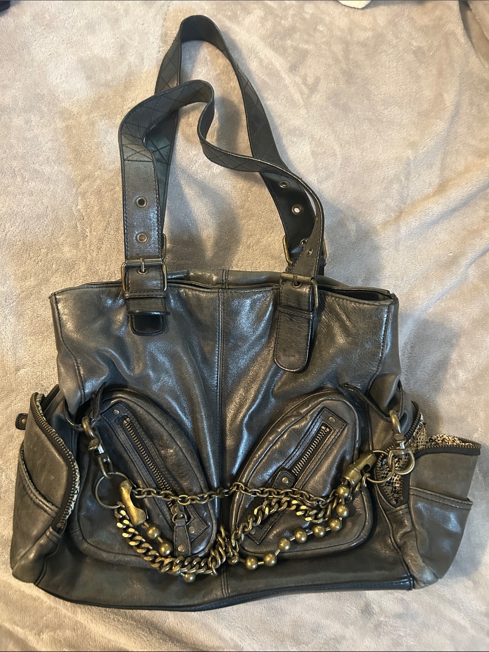 Steven by Steve Madden Dark Gray Leather Shoulder Bag with Brass Chain